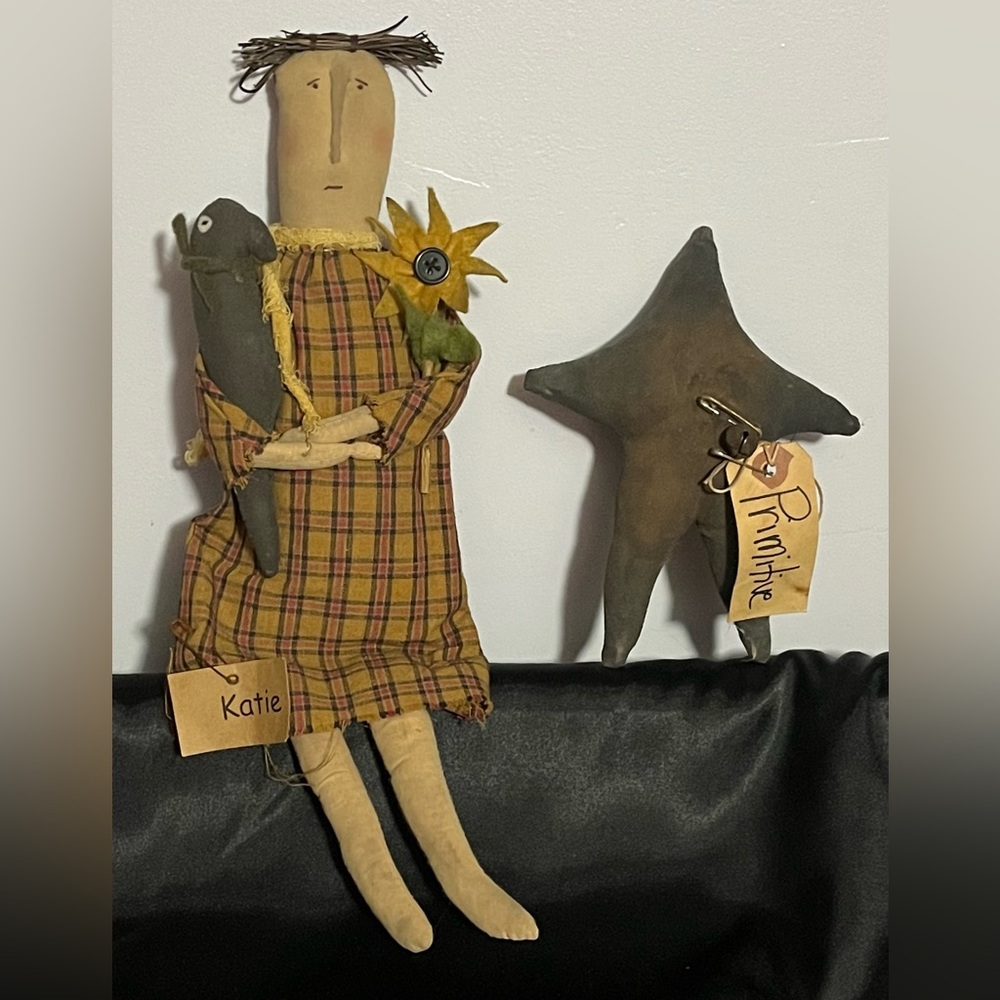 Folk Art Primitive Cloth Doll and Star Set